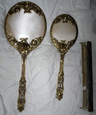 Vintage Mirror-Brush-Comb Vanity Set 24K Gold Plated Rose Design
