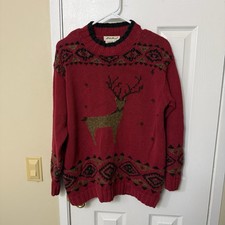 Eddie Bauer Knitted By Hand Reindeer Sweater Long Sleeve Pullover Size Large