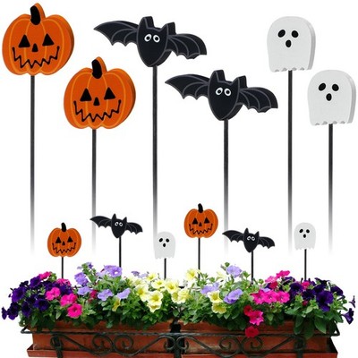 Romooa 6 Pcs Wood Pumpkin Ghost and Bat Garden Stakes Yard Large, Multicolor