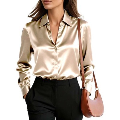 Elegant Women Satin Shirt Solid Color Long Sleeve Blouse Casual Button Down Tops