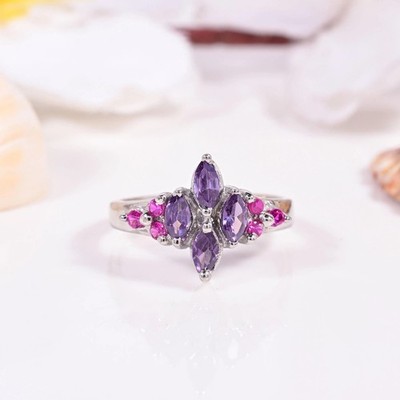 Natural Amethyst Ring 925 Silver Three Stone Engagement Ring Gemstone Jewelry