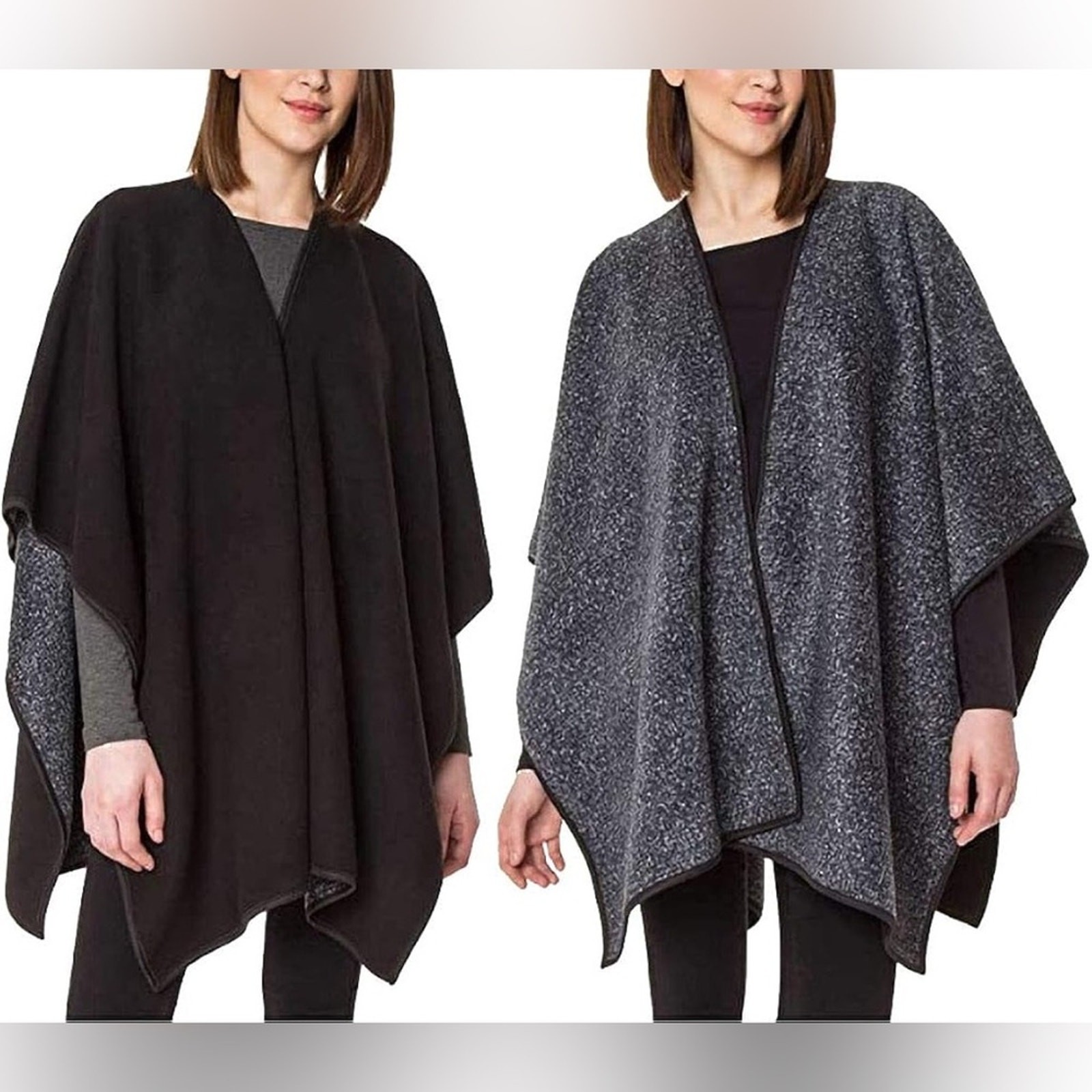 Ike Behar Reversible Poncho Wrap Womens OS Gray Black Ruana Cape Cozy Open Front