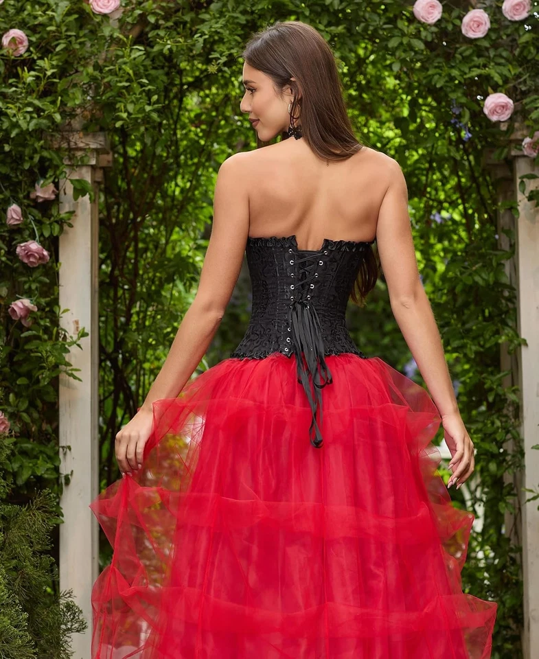 Women's Overbust Boned Corset Burlesque Basque Top Lace-Up Costume Waist Cincher - Image 4 of 4