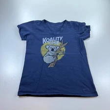 Life is Good Crusher Shirt Womens Medium Blue V Neck Koala Bear Koality Time