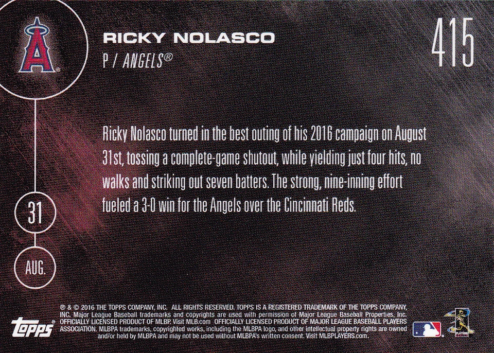 2016 Topps NOW 415 Ricky Nolasco Angels Shoutout vs Reds 31 de agosto solo 278 impreso Foto 2 de 2