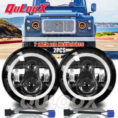 Pair 7'' inch Round LED Headlight High/Lo Beam Kit For Land Rover Defender 90 110