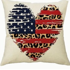 NEW ANIMAL PRINT AMERICAN FLAG HEART AMERICANA 4TH OF JULY LINEN PILLOW COVER