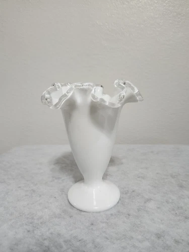 Vintage Fenton White Silver Crest Ruffled Edge Vase Milk Glass 6.5 Inch Boho Sty
