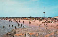 New London CT Clock Tower Ocean Beach Swimmers Sun Bathers c1960 Unused Postcard