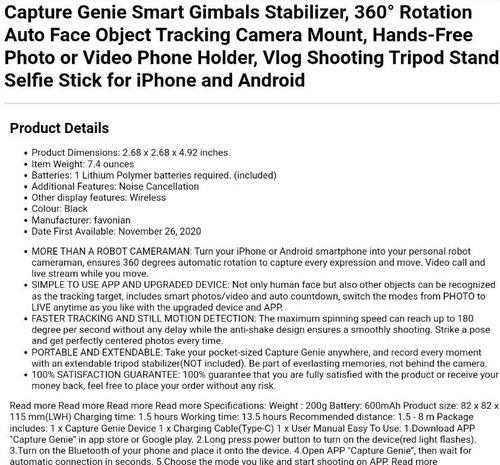 Capture Genie Smart Gimbals Stabilizer, 360° Rotation Auto Face Object Tracking - Picture 2 of 6