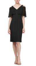 S.L. Fashions Women's V Neck Cold Shoulder Midi Dress, Black, 14