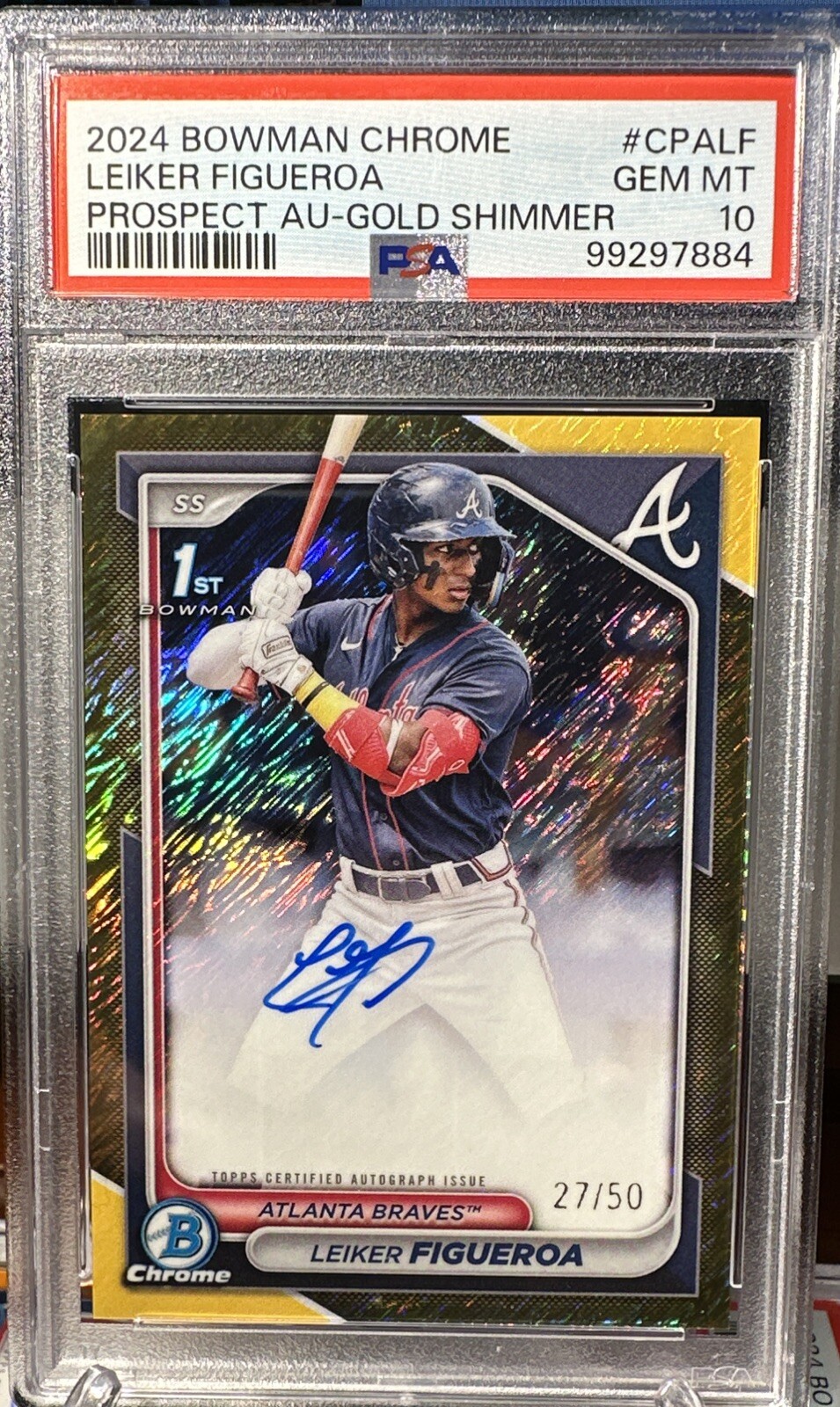 2024 Bowman Chrome Leiker Figueroa Gold Shimmer /50 1st Auto Braves PSA MINT 10