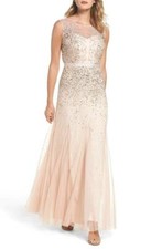 NEW Adrianna Papell Sleeveless Beaded Illusion Gown Dress Blush SZ 12P  E524