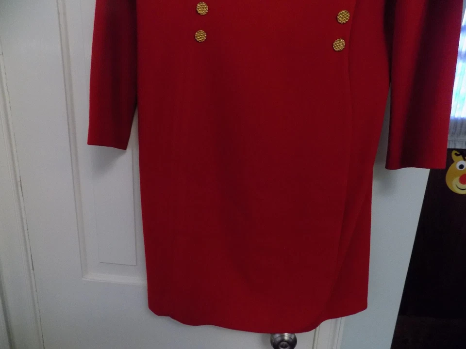 Vestido De Colección Bloomingdales Elegante Rojo Lana Worsted Militar Botones Dorados Talla 12 EE. UU. Foto 4 de 4
