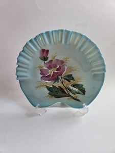 Antique Blue Hand-blown Hand Painted Flower Plate With Ruffled Edge