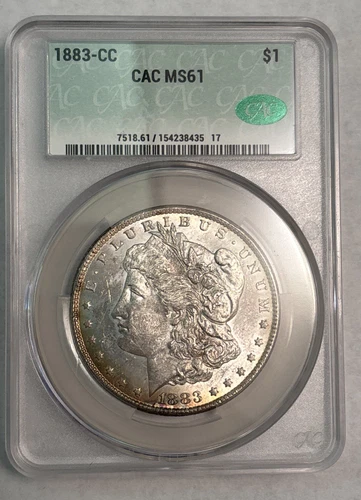 🤩 1883-CC Morgan Silver Dollar CACG MS 61 CAC RIM TONED WOW COIN!! 90% Silver🔥
