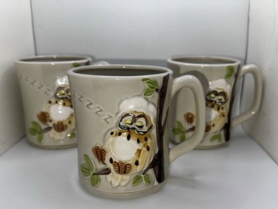 Vintage 1980 Japan ENESCO Owl Coffee Mugs Cups 12oz Ceramic Stackable Set 3