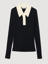 Sandro Black Ribbed Polo Sweater with Cream C...
