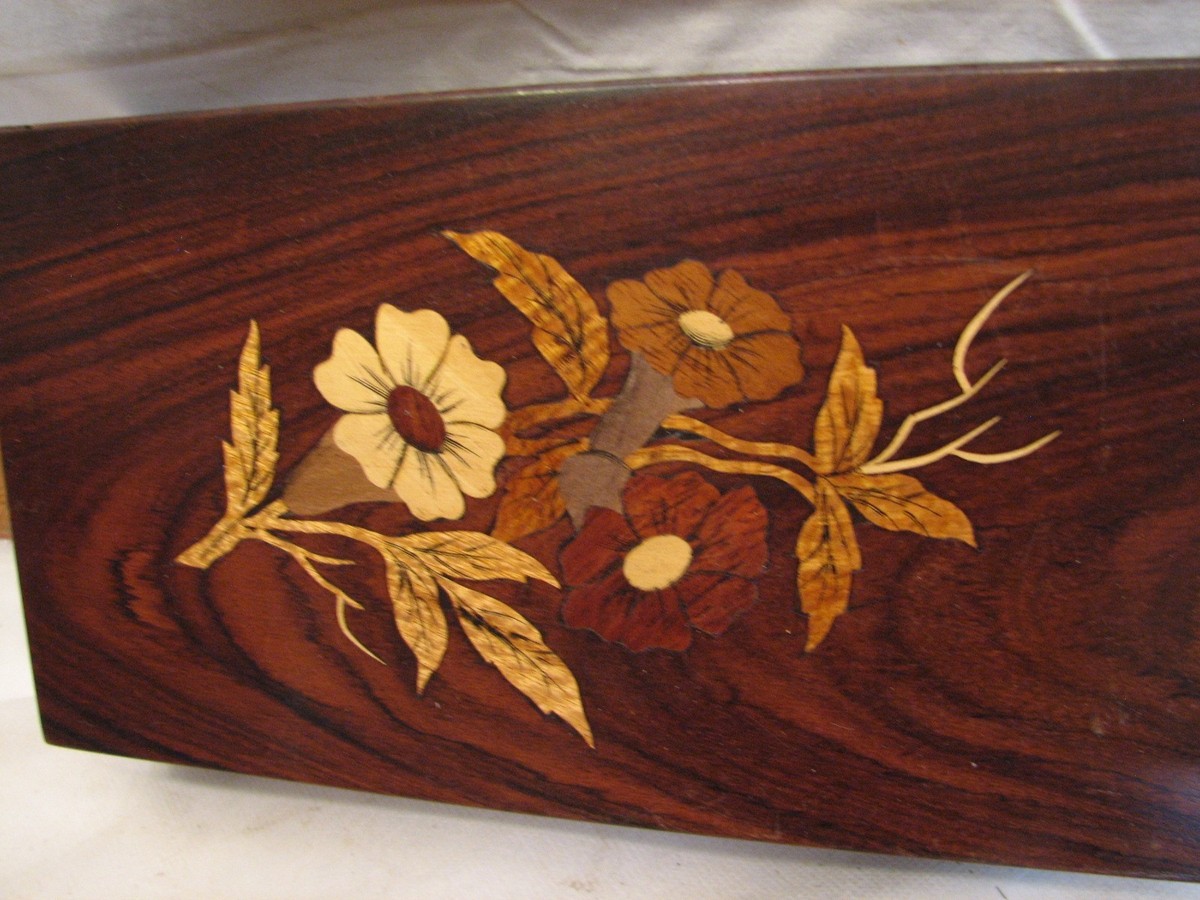 Wooden Inlay Marquetry Trinket Dresser Box Wood Inlay Flower Decor