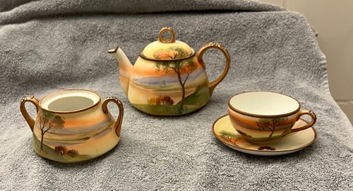 Vintage Nippon Noritake Tree In The Meadow Tea Pot Cup Saucer Sugar Bowl