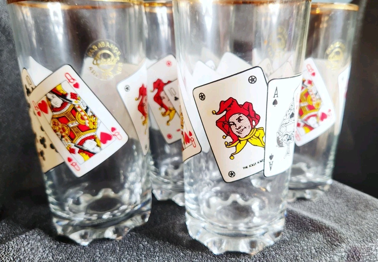 Set of 4  Poker Pasabahce Playing Card Drinking Glasses Circle Art of Turkey