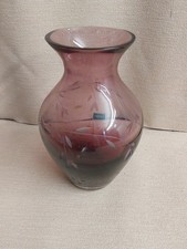 Caithness Amethyst Glass Vase Etched Leaf Design Scottish Art Glass Vase