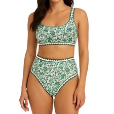 Women's Green Floral Print Scoop Neck High Waisted Bikini Set Size L NWOT