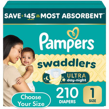 Pampers Size 1 Swaddlers Ultra Day Night Diapers 210 Count Most Absorbent USA 0.36 per diaper
