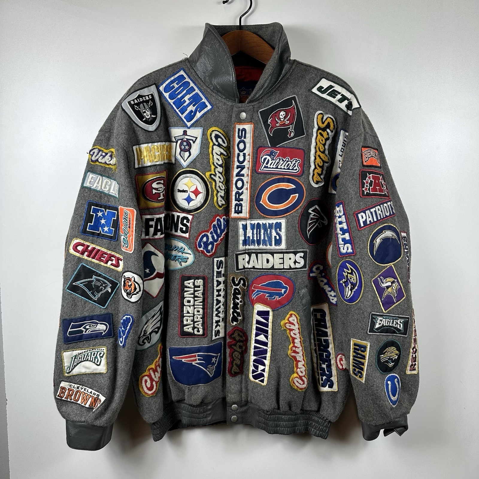 Jeff Hamilton Vintage Wool And Leather All Over Patch NFL jacket 5XL Used Read