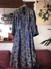 Antique Chinese Blue Silk Brocade Long Robe, Clouds and Floral Designs, Medium
