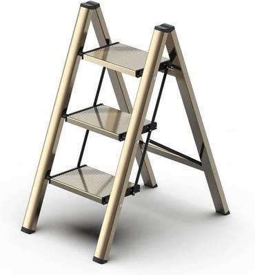 GameGem 3 Step Ladder Gold Folding Step Stool Anti-Slip Aluminum 300lbs Capacity