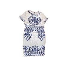 Shein Women's White With Floral  Blue Print Dress Curve Fit, Size 1XL