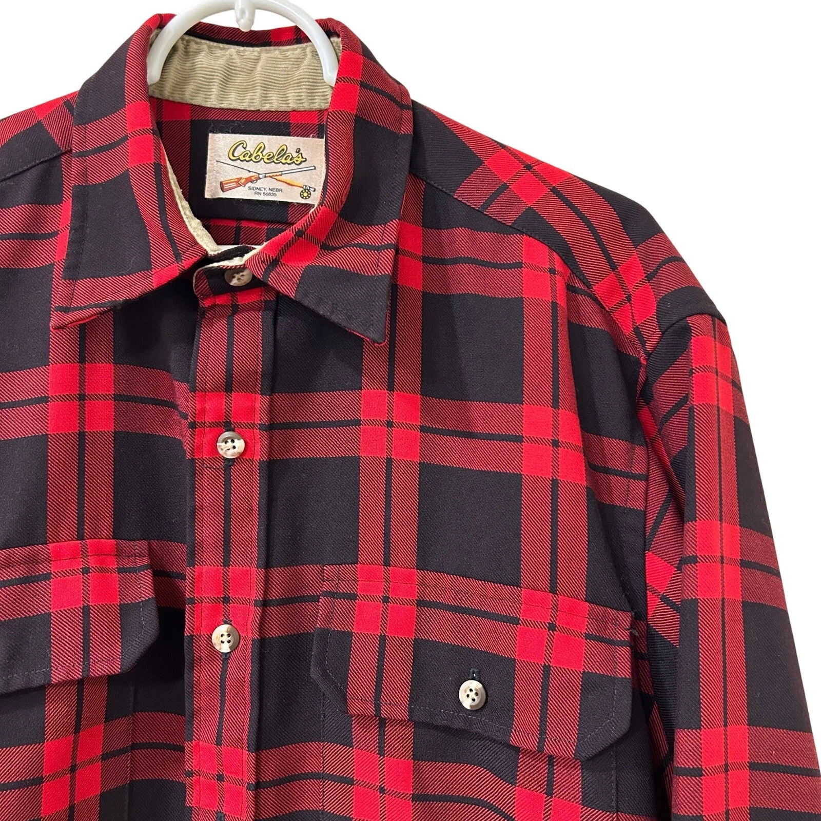 Cabelas Vtg Men Sz Large Red & Black Plaid Long Sleeve Button Down Shirt Outdoor