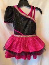 Weissman Hot Pink and Black Dance Costume- Asymmetric Tiered- 14727