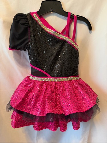Weissman Hot Pink and Black Dance Costume- Asymmetric Tiered- 14727