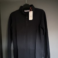 Superdry Men’s Black Long Sleeve Polo Shirt, Solid, Collared, Size S