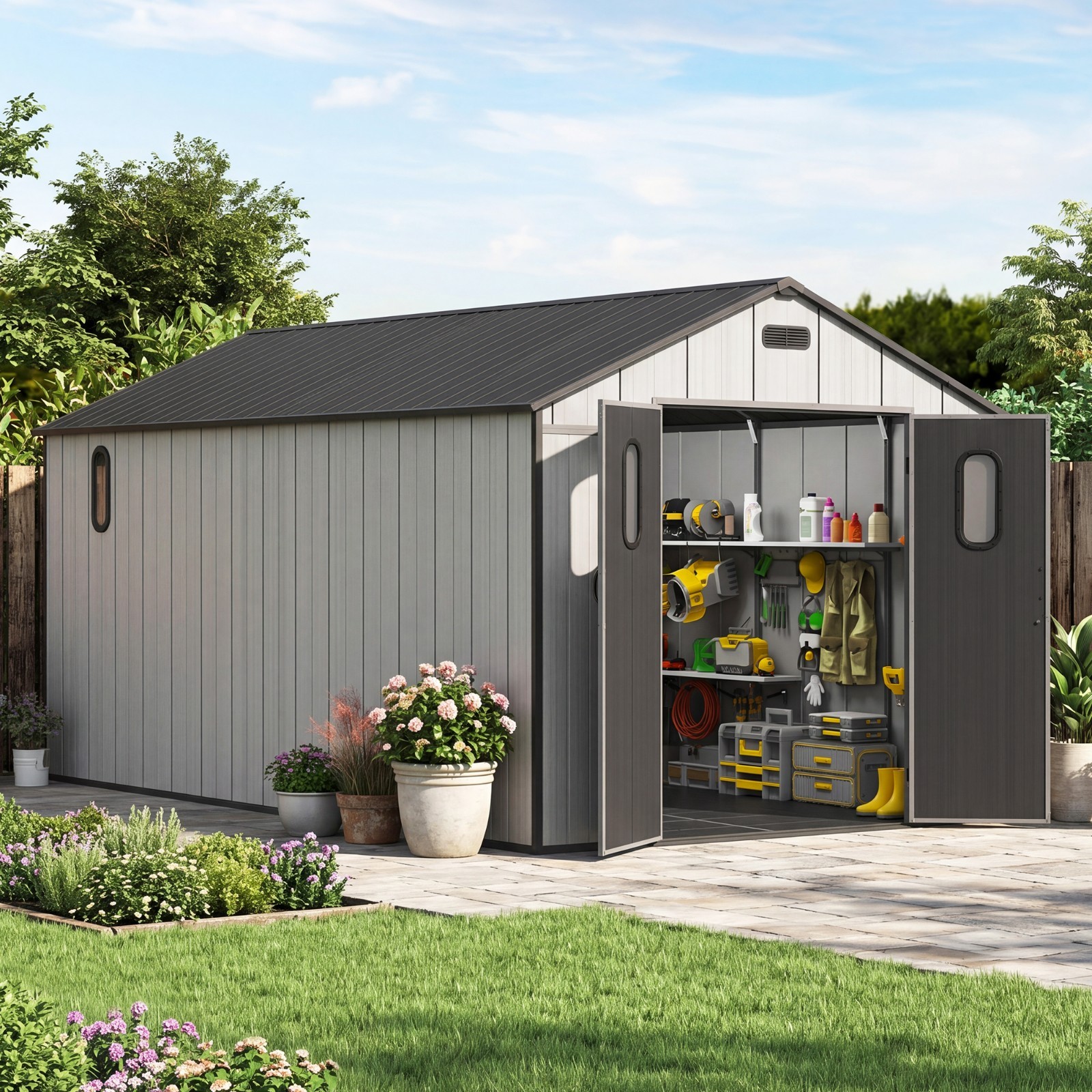 Domi 8'X16' Outdoor Resin Storage Shed,Plastic Garden Shed w/floor&Lockable Door
