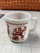 Hazel-Atlas Glass Co. Milk Glass Child’s Cup w/red & white circus design, 1930’s