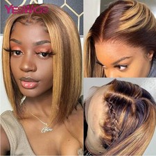 13x4 Highlight Brown Straight Short Bob Wigs For Women Lace Front Human Hair Wig