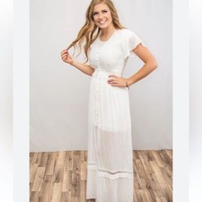 NWT Promesa  Sandy Beaches Ivory Semi Sheer Button Crochet Dress Size Small
