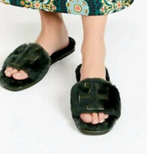 Tory Burch Double T Shearling Slides Sandal Militare Green Gold Leather 7 NIB