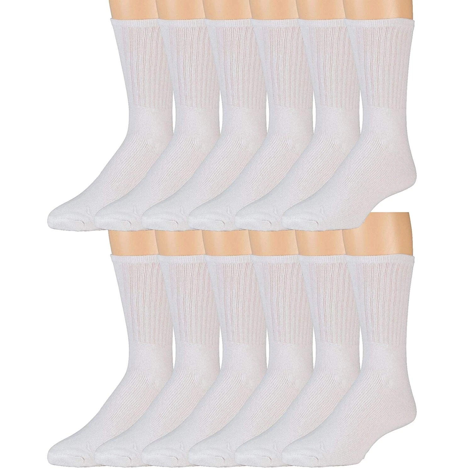 12 Pairs Mens Cotton Crew Socks, Solid, Athletic Sports (10-13, White)