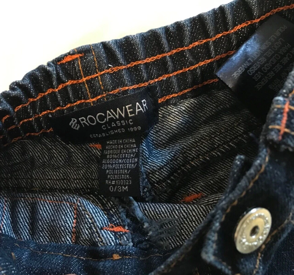 ROCAWEAR CLÁSICO INFANTIL TALLA 0-3 MESES PANTALONES VAQUEROS AZULES ALGODÓN POLI USADO EN EXCELENTE ESTADO Foto 3 de 4