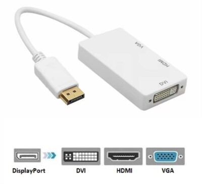 DisplayPort auf HDMI DVI VGA Adapter DP Konverter 3in1 1080p weiß