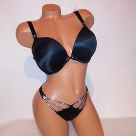 Victoria Secret Bra Set 36D Bombshell Push Up Medium Panty Stars Black Shine New