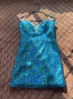Hannah S Turquoise Teal Sequin Homecoming Dress Formal Dance Mini Dress  Size 6 | eBay