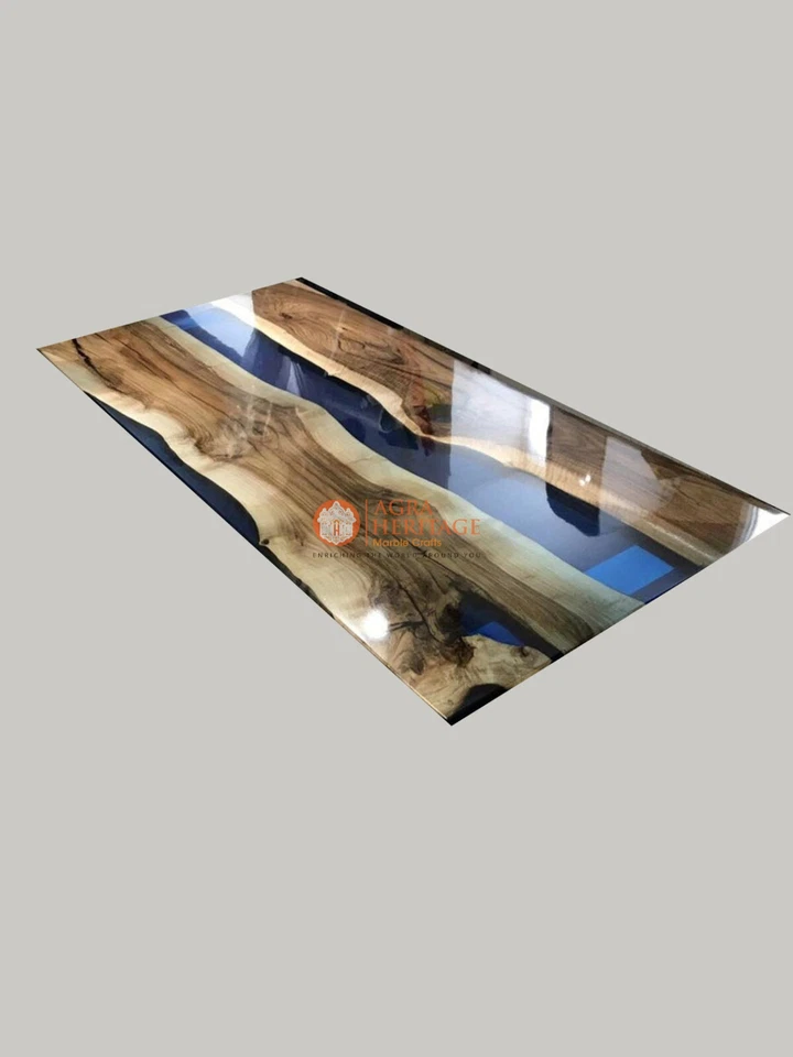 Deep Blue Resin River Acacia Wooden Sofa Center Dining Table Top Furniture Decor - Image 3 of 4