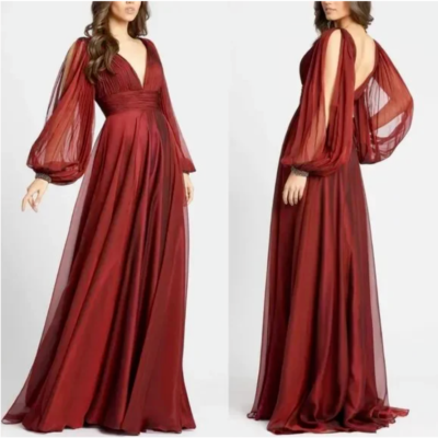 garnet long dress Vintage Garnet Lace Long Sleeve A-line Evening Dress