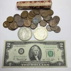2 90% Silver Dollar Coins- 1 Morgan, 1 Peace, 1 $2 Note,1 Roll Of 52 Wheat Cents