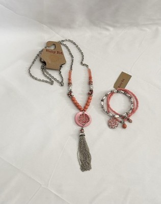 Ruby Rd Coral Pink Necklace & 3-Piece Bracelet Set   Tassel Pendant   NWT